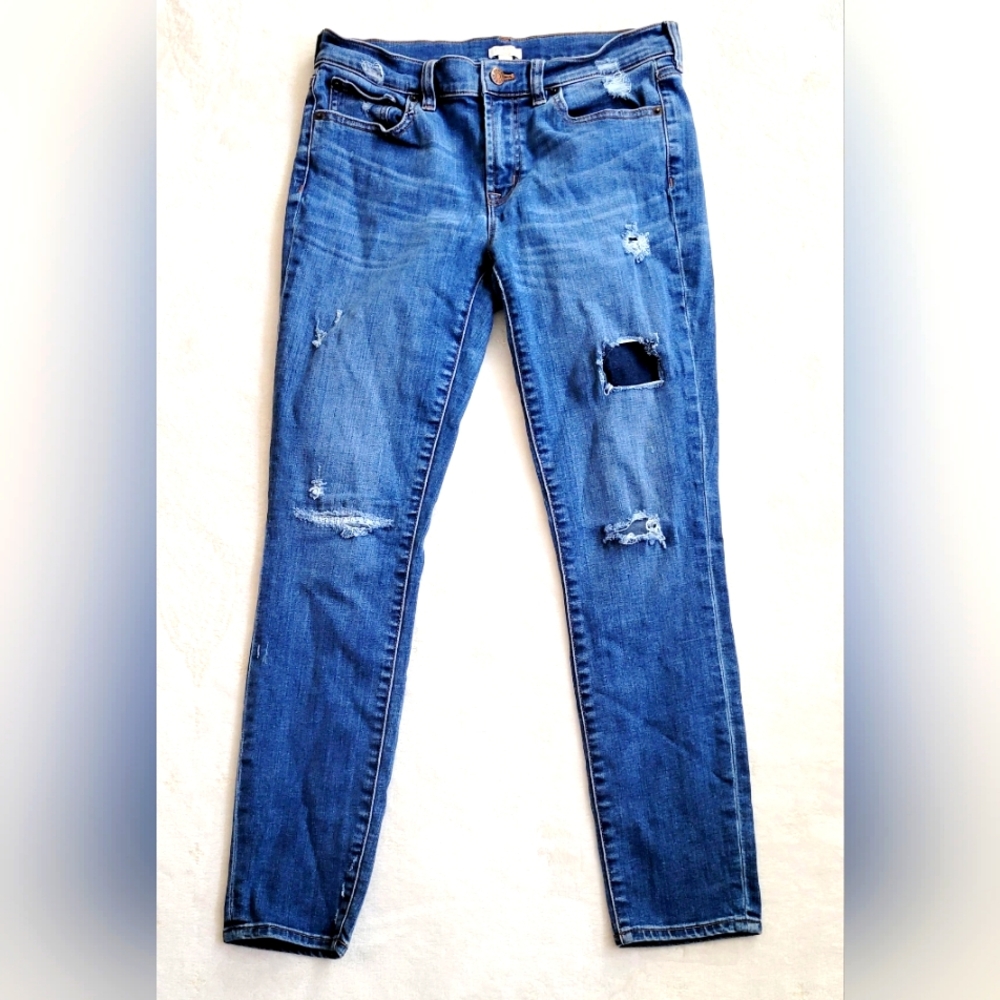 J Crew Rip Distressed Stretch Women's Size 27 x 27‎ Blue Denim Slim Ankle Jeans
